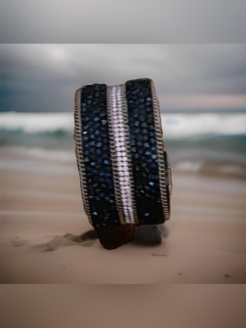 Midnight Blue Silver Rhinestone Wide Cuff Bracelet Magnetic Clasp Statement